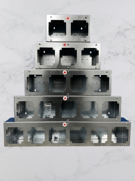 Straight front view of five TRU-BOX enclosure models arranged by size